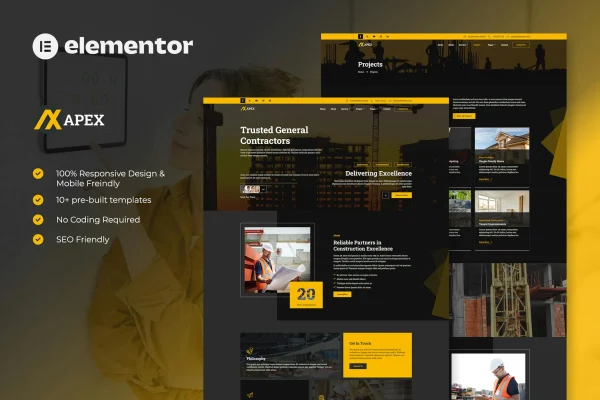 Apex construction Elementor template kit preview showing website page layouts