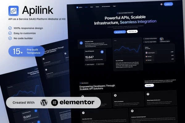 Apilink Elementor template kit preview for an API and SaaS platform website