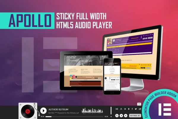 Apollo sticky full-width HTML5 audio player widget for Elementor banner