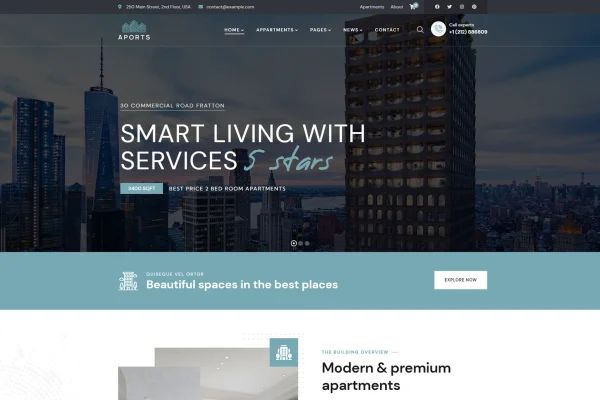 Aports single property WordPress theme preview showing a real estate listing website