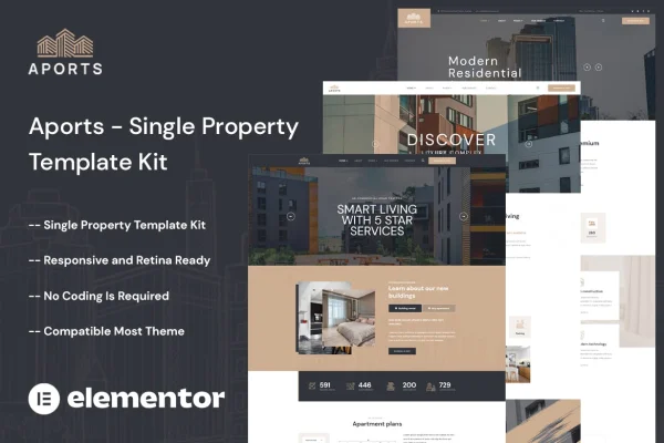 Aports single property Elementor template kit preview showing a real estate website layout