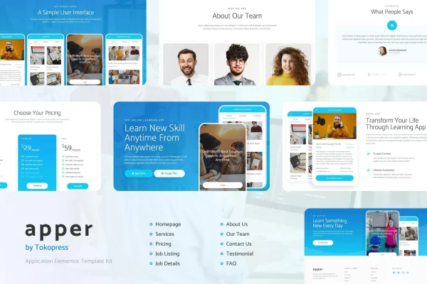 Apper Elementor template kit cover showing dark mobile app and SaaS website layouts