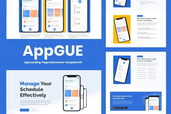 AppGUE mobile app Elementor Pro template kit preview with app landing page layouts