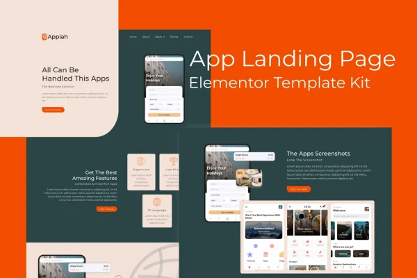 Appiah app landing page Elementor template kit preview