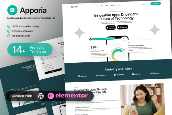 Apporia mobile app landing page Elementor template kit preview