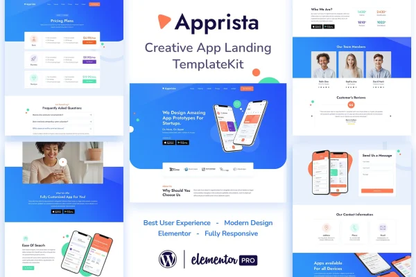 Apprista app landing Elementor template kit preview