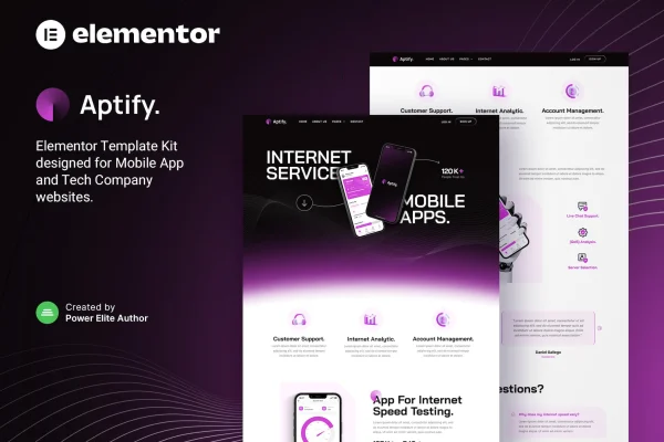 Aptify Elementor template kit preview for a mobile app landing page