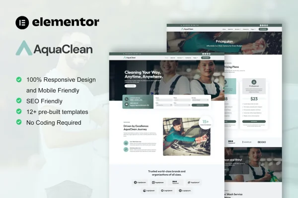 AquaClean car washing and cleaning services Elementor template kit preview