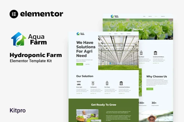 Aquafarm hydroponic farm Elementor template kit cover image