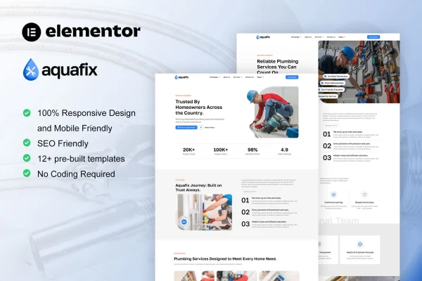 Aquafix plumber and repair service Elementor template kit preview