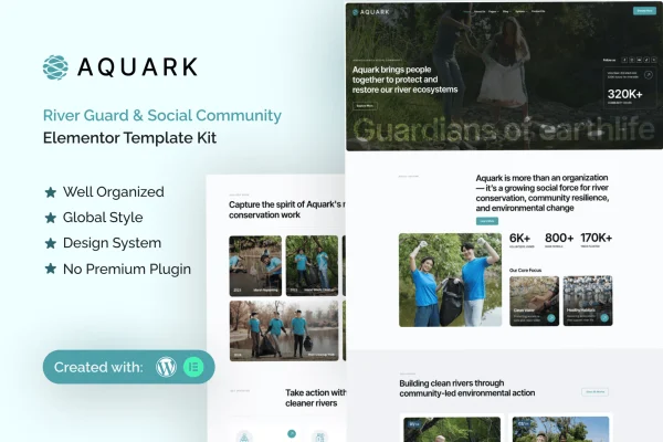 Aquark river guard and social community Elementor template kit preview