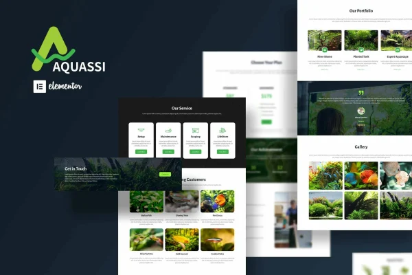 Aquassi aquascape shop Elementor template kit preview with aquarium page layouts