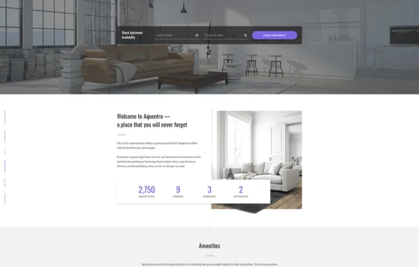 Aquentro WordPress theme preview showing a rental property website