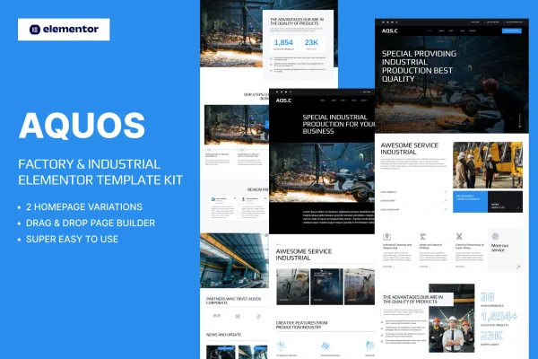 Aquos factory and industrial Elementor template kit cover image