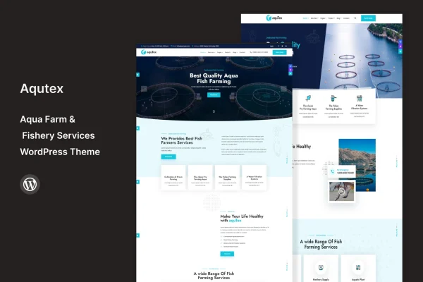 Aqutex aqua farm WordPress theme preview with fish farm and seafood layout