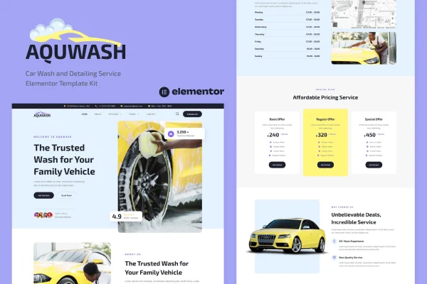 Aquwash car wash and detailing Elementor template kit page previews