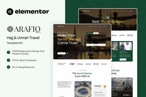 Arafiq Hajj and Umrah travel Elementor template kit cover image