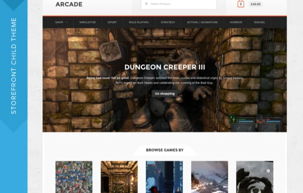 Arcade Storefront Theme preview showing a retro-styled WooCommerce game store homepage