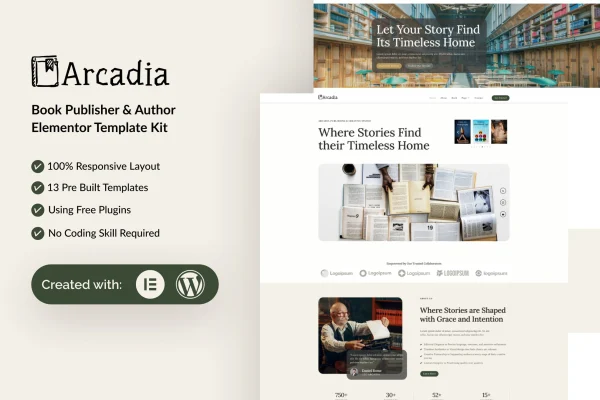Arcadia book publisher and author Elementor template kit preview