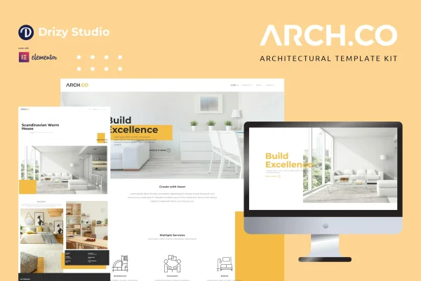 Archco architecture Elementor template kit preview with modern homepage layouts