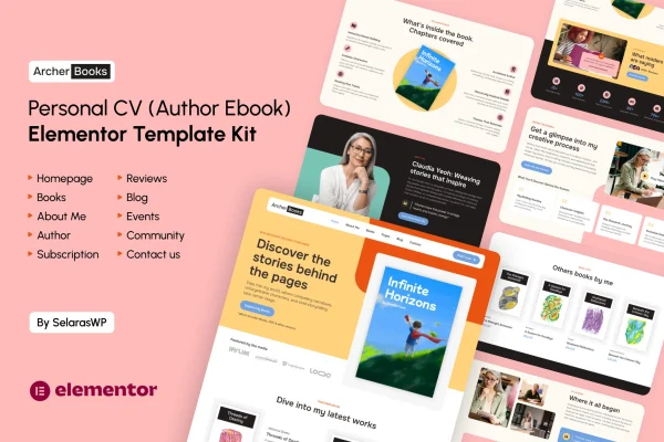 ArcherBooks author and eBook Elementor Pro template kit preview