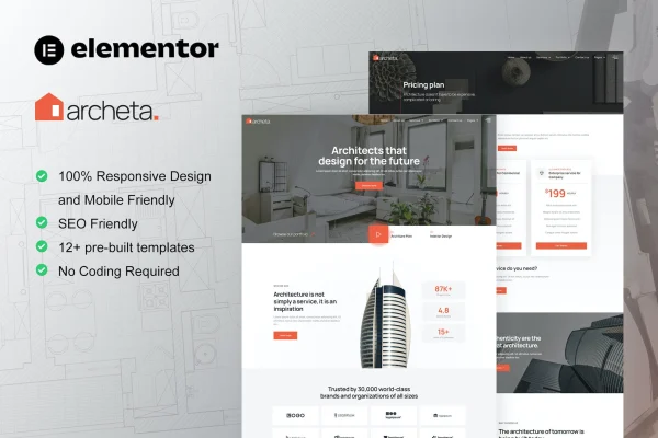 Archeta architecture and construction Elementor template kit cover image