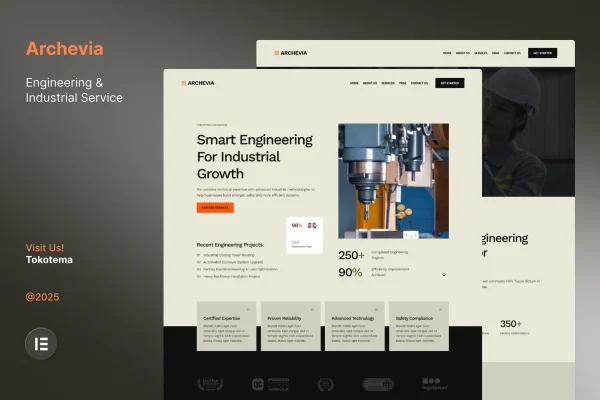 Archevia Elementor template kit preview for engineering and industrial service websites
