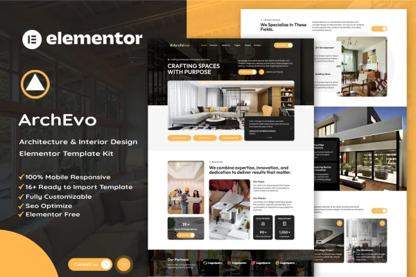 ArchEvo architecture and interior design Elementor template kit cover image