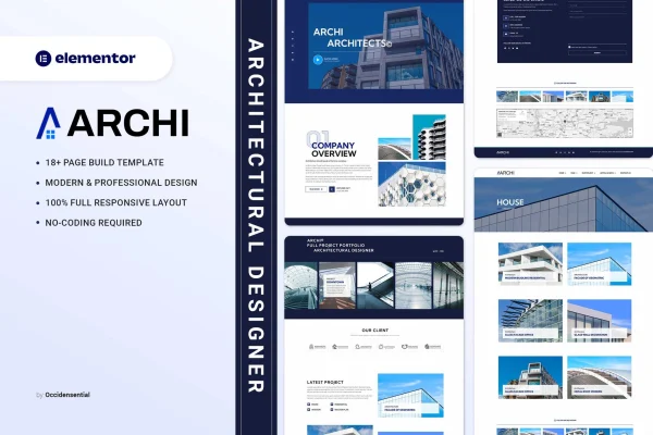 Archi Elementor template kit cover showing an architectural designer portfolio layout