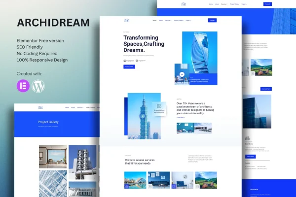 Archidream architecture Elementor template kit cover showing website page layouts