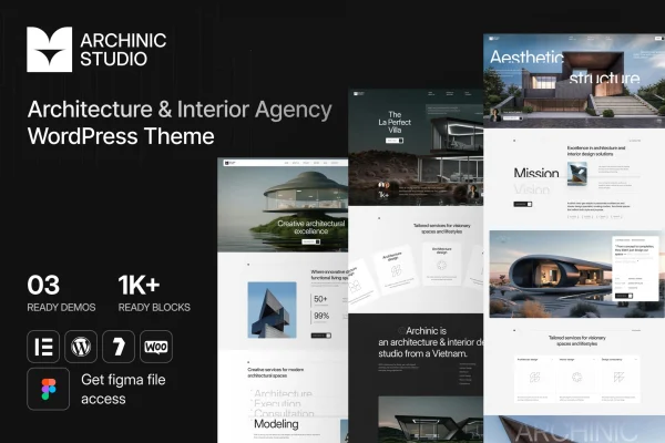 Archinic architecture WordPress theme preview with project portfolio layout