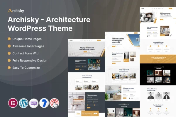 Archisky architecture WordPress theme preview with project portfolio layout