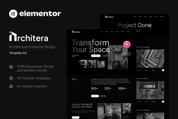 Architera Elementor template kit preview for architecture and interior design websites