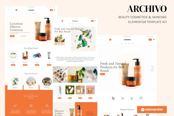 Archivo beauty cosmetics and skincare Elementor template kit preview