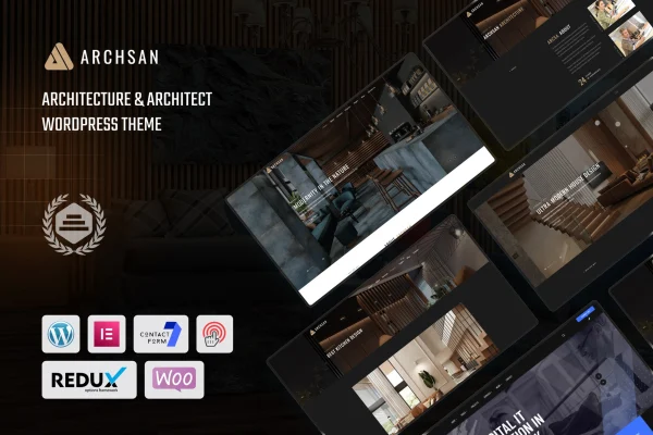 ArchSan architecture WordPress theme preview with minimal project layouts
