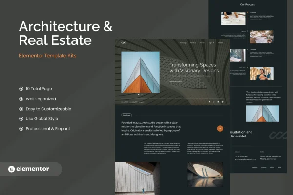 Archstudio Elementor template kit preview showing modern architecture website pages