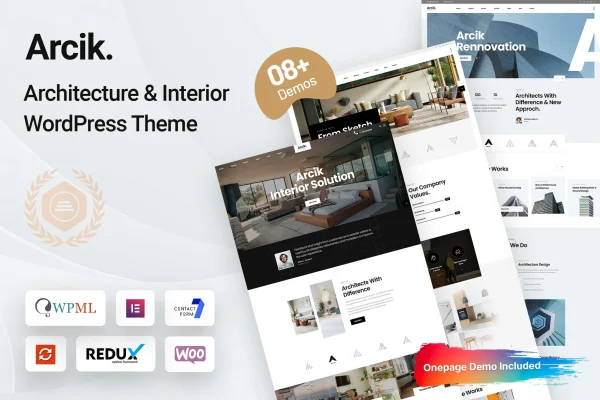 Arcik architecture WordPress theme preview with project gallery layout