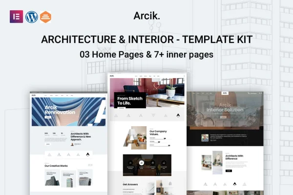 Arcik architecture and interior Elementor template kit page previews