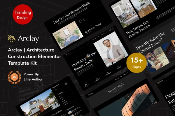 Arclay architecture Elementor template kit cover showing modern website page layouts