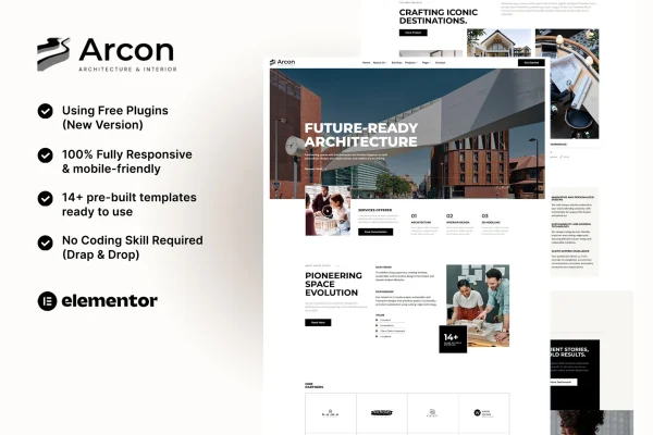 Arcon architecture and interior Elementor template kit cover image