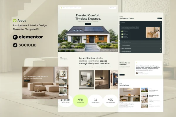 Arcus architecture and interior design Elementor template kit preview