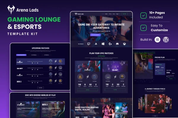 Arena Lads esports and gaming Elementor template kit cover image