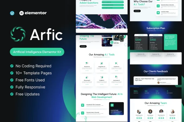 Arfic artificial intelligence Elementor Pro template kit preview