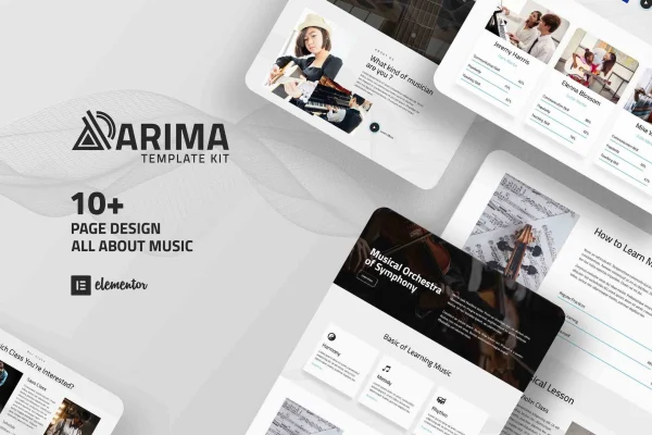 Arima musical symphony Elementor template kit cover showing music school website layouts
