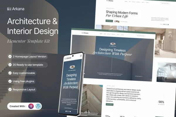 Arkana architecture and interior design Elementor template kit preview