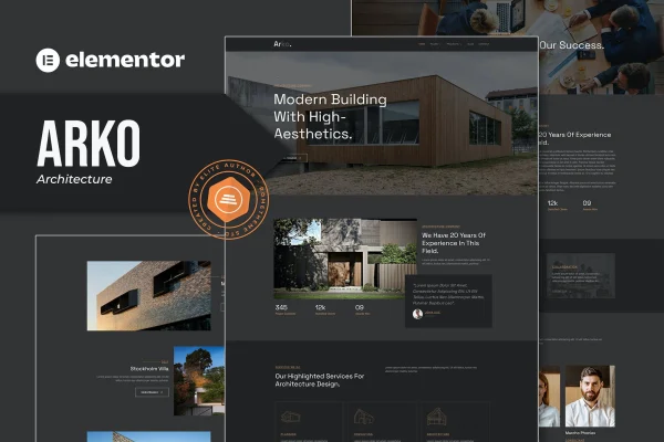Arko architecture Elementor template kit cover showing minimal website page layouts