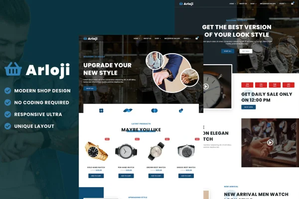 Arloji watch shop Elementor template kit preview showing modern store page layouts