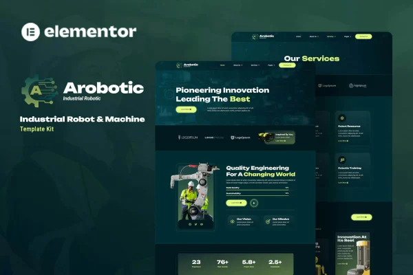 Arobotic Elementor template kit preview with industrial robot and machinery website pages