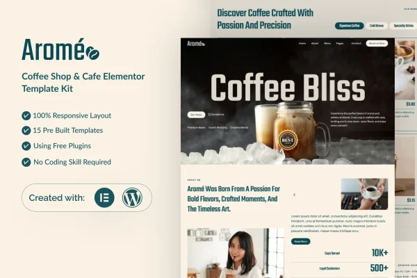 Arome coffee shop and cafe Elementor template kit preview