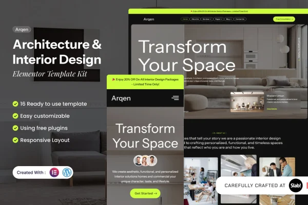 Arqen architecture and interior design Elementor template kit preview